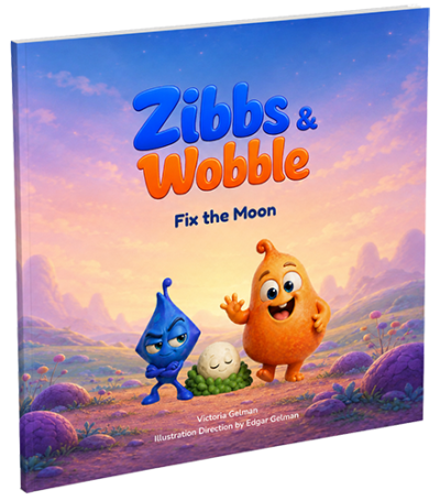 Zibbs and Wobble fix the Moon 3D book cover.