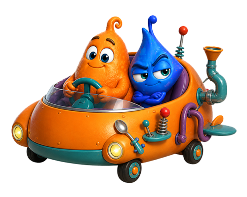 Zibbs and Wobble in an Oddaloop car.